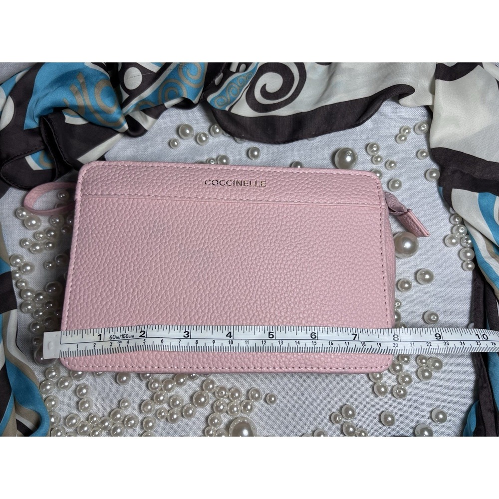 COCCINELLE Large Zip Coin Bag Grained Leather Wristlet Pink Wallet Free Gift